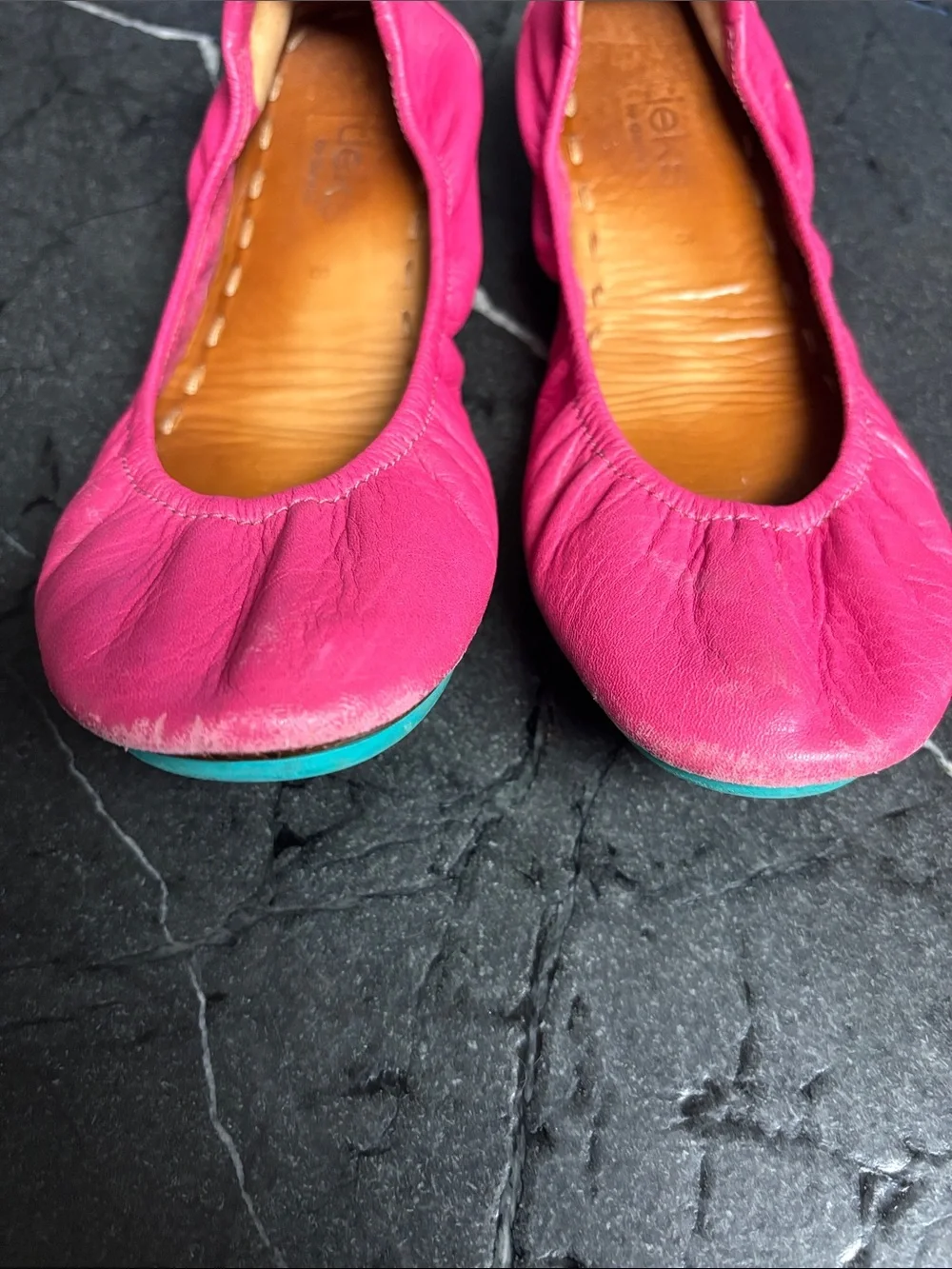 Tieks Women's Pink Leather Ballet Flats with Teal Pull Tab